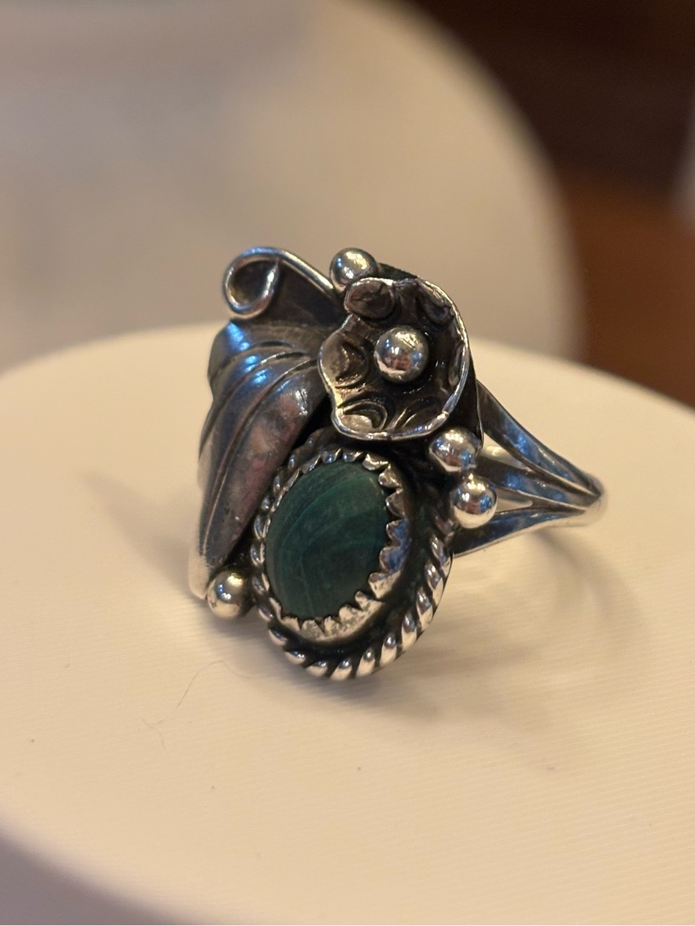 Vintage Sterling Silver Malachite Ring Size 6.5 Southwest Floral Leaf Fine 5g